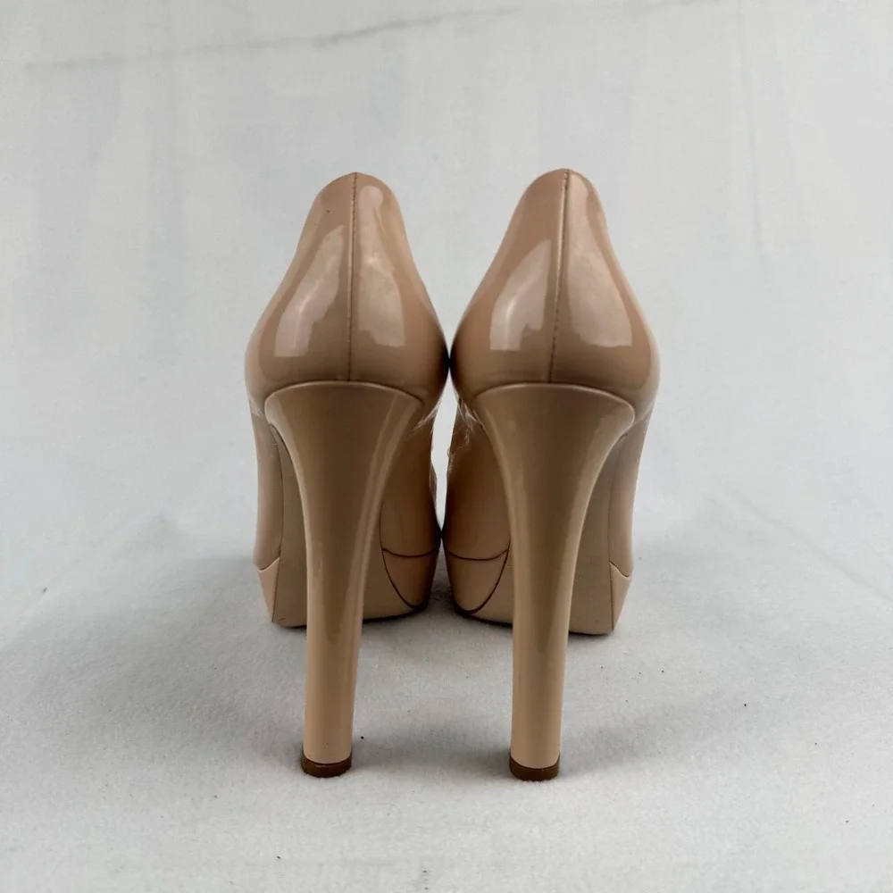 Miu Miu Womens Nude Beige Patent Leather Peep Toe Platform Bow‎ Heels Size 37